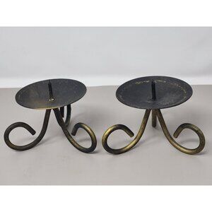 Set Of 2‎ Vintage Pillar Candle Holders Metal Tripod Black & Brown